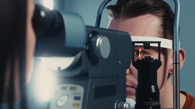 Close-up of a female optometrist using a slit lamp to examine a male patient's eye, showcasing detailed evaluation in a clinical setting with bright lighting