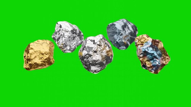 A dynamic cluster of rough, metallic ore rocks floating in mid-air against a chroma key green screen background. The mineral stones feature distinct veins of glossy yellow gold and polished silver chr