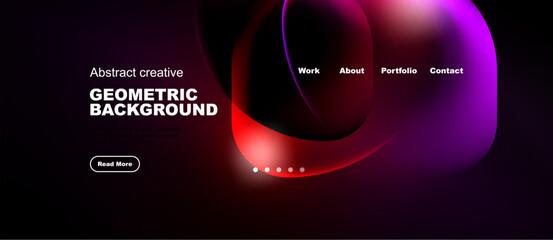 Obraz premium Dark website header design. Abstract shapes, text elements, navigation options present. Modern aesthetic, vibrant colors used.
