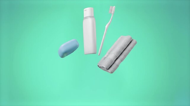A set of 3D personal care items including a bottle, toothbrush, soap bar, and folded towels floating gracefully in mid-air, set against a fresh mint green studio backdrop. Ideal for hotel amenities pr