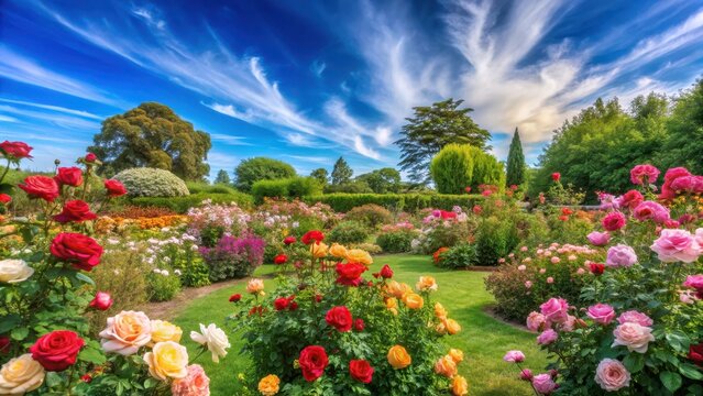 A beautifully arranged rose garden with vibrant flowers and lush greenery