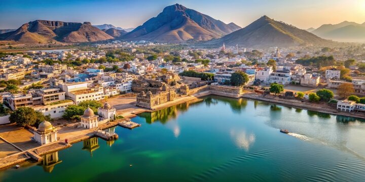 Aerial view of Pushkar Lake with surrounding temples and mountains