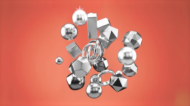 An abstract 3D composition featuring shiny chrome spheres, metallic silver polyhedrons, and rings floating in mid-air against a warm orange gradient background. Great for futuristic graphic design pro
