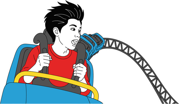 Excited young boy shouting while riding a fast blue roller coaster on a curved metal track at an amusement park