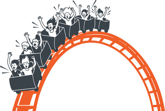 Dynamic vector illustration of thrilled people screaming with joy on a rollercoaster ride, capturing the exhilarating rush of an amusement park adventure