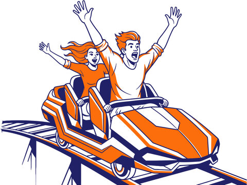 Happy Couple Experiencing Adrenaline Rush While Riding a Thrilling Roller Coaster at an Amusement Park Theme Park