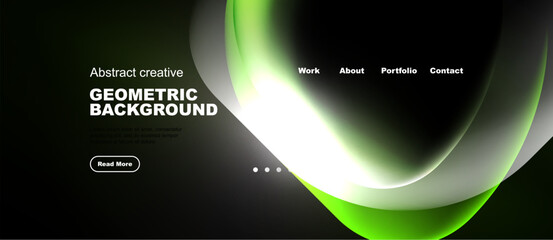 Naklejka premium Dark background features vibrant green wave. Website header includes navigation options, text, button. Modern design, abstract elements present.