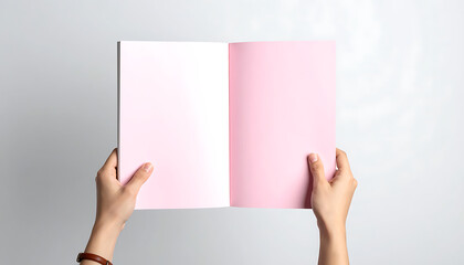 Fototapeta premium Hands holding open blank brochure with pink pages mockup for presentation or print design