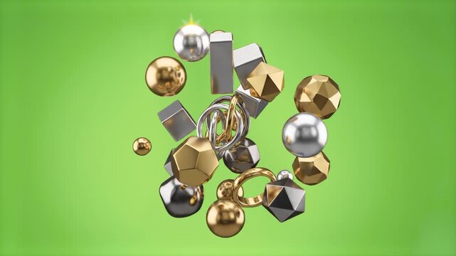 A group of shiny 3D geometric elements&mdash;combining polished gold and glossy chrome silver spheres, blocks, and rings&mdash;suspended and rotating in mid-air. The motion graphic asset is isolated on a solid ch