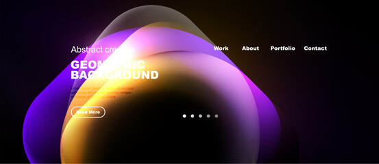 Naklejka premium Abstract geometric shapes dominate dark background. Vibrant colors blend, creating modern website design. Text overlays promote portfolio access.