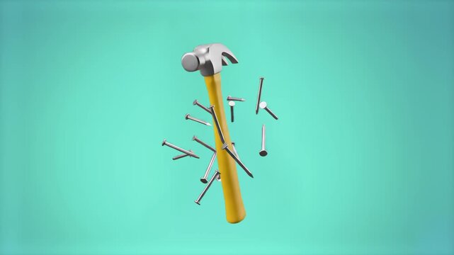 A dynamic 3D graphic showing a steel claw hammer with a bright yellow handle suspended vertically in mid-air amidst flying hardware nails. The entire arrangement is isolated against a clean, solid tea