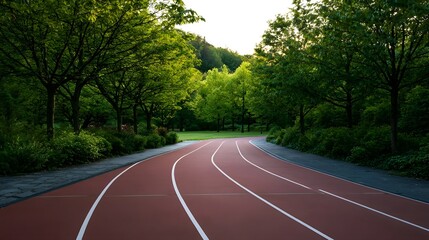 Obraz premium A long shot of a vigorous outdoor running track surrounded by lush greenery and peaceful natural scenery