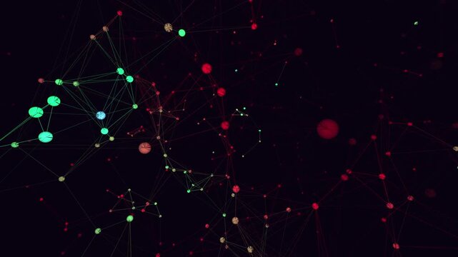 Mesmerizing 4K UHD loop of a glowing glitch neural network of sphere nodes firing and connecting in a seamless plexus with deep cinematic detail. Ideal for website background, science background.