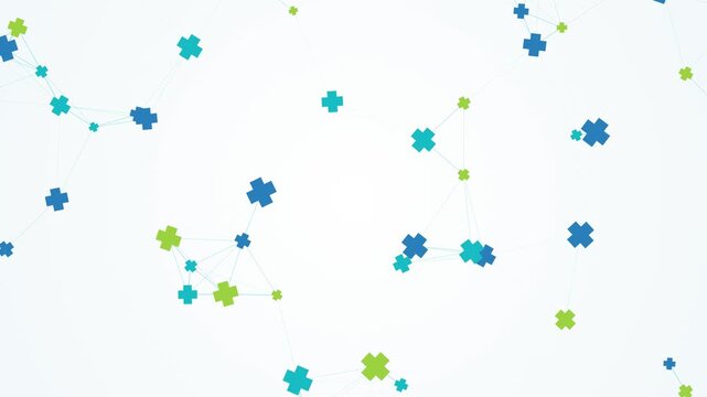 Abstract medical background animation featuring a plexus network of interconnected blue and green cross plus symbols on a clean white backdrop, perfect digital healthcare presentation loop
