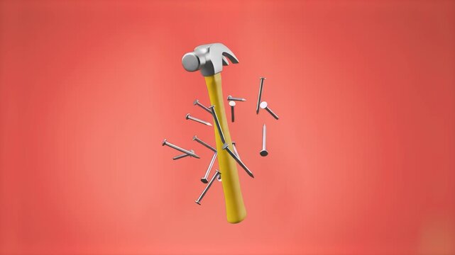 A dynamic 3D animation showcasing a classic claw hammer with a yellow handle floating vertically alongside scattered metallic iron nails. The elements are frozen mid-air against a solid pastel red bac