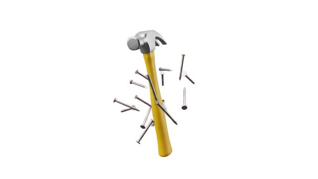 A floating 3D claw hammer with wooden handle surrounded by scattered metal steel nails, isolated on a clean white background. Excellent for home repair guides, building contractor ads, hardware tool m