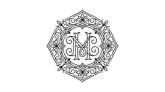 An ornate logo featuring a monogram is displayed prominently on a vector graphic.