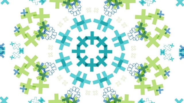 Abstract healthcare background animation featuring a colorful kaleidoscope mandala pattern made of green and blue medical cross plus symbols on a white backdrop, seamless presentation loop