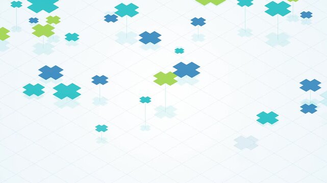 Abstract isometric medical background animation featuring blue and green cross plus symbols floating on a 3D grid layout, clean corporate healthcare presentation loop template