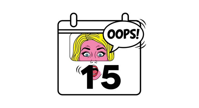 Surprised Woman Peeking From Calendar Page Saying Oops, Deadline Missed