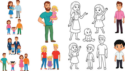 Fototapeta premium Happy Family Vector Character Bundle Featuring Color Illustrations and Line Art Outlines of Parents Children and Babies for Creative Lifestyle Graphic Designs