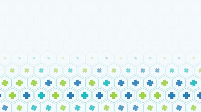 Abstract healthcare background animation featuring a hexagonal grid pattern filled with colorful green and blue medical cross plus symbols on a white backdrop, minimal presentation loop