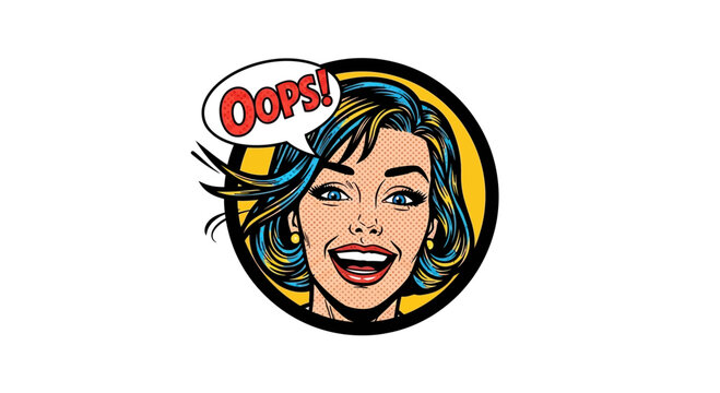 Retro Woman Face with Oops Speech Bubble, Pop Art Style