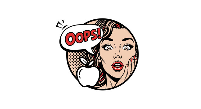 Retro Woman Oops Apple Comic Style Pop Art Surprise Expression