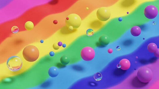 Abstract composition of colorful floating spheres over a wavy background