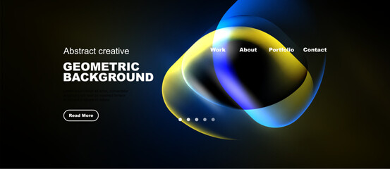Naklejka premium Modern website design features vibrant geometric shapes, dark background, navigation menu. Text promotes creative work, invites exploration.
