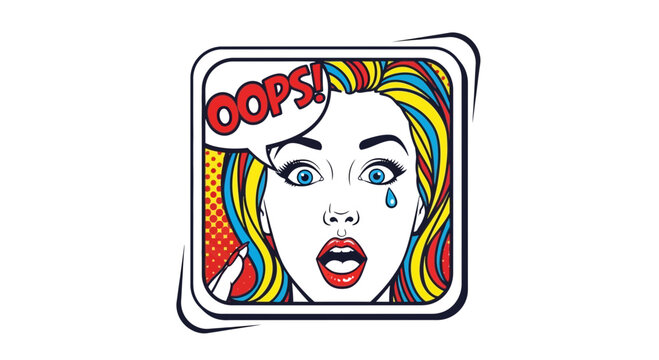 Pop Art Woman Surprise Oops Face with Tear Drop, Comic Style