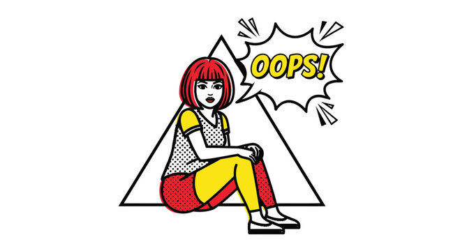 Pop Art Woman with Red Bob Wig Saying Oops! Sitting in Triangle