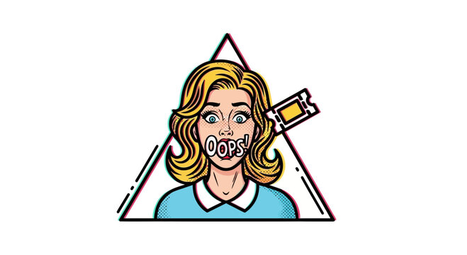 Pop Art Woman with Oops Tape on Mouth and Ticket, Triangle Frame, Retro Style