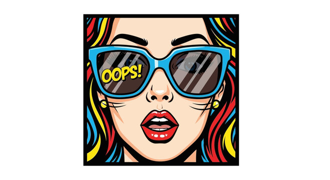 Pop Art Woman with Sunglasses Saying Oops, Retro Comic Style, Vibrant Colors