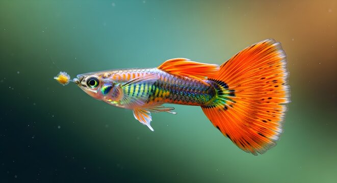 Macro photograph of a colorful male fancy guppy with a vibrant orange spotted tail and iridescent body scales catching a food pellet in mid-air against a blurred background.