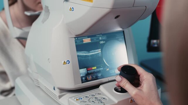 Female patient receiving a comprehensive eye examination in a modern ophthalmology clinic. Concept vision care, ophthalmic diagnostics and preventive healthcare.
