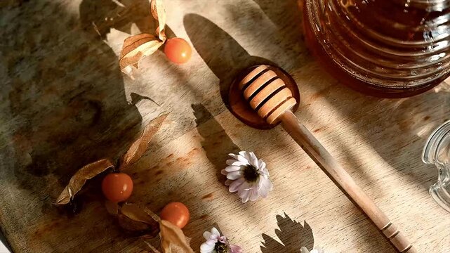 Close-up of golden honey dripping from a wooden dipper into a glass beehive jar beside a glass bee lid on a sunlit board.