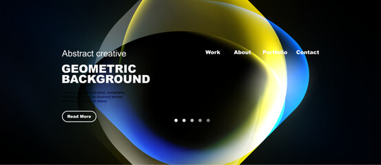 Naklejka premium Abstract website design features colorful overlapping shapes, navigation menu, dark background. Minimalist style promotes modern aesthetic.