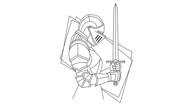 Knight in Shining Armor with Sword and Shield, Medieval Warrior Line Art