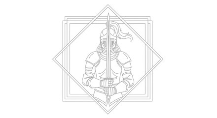 Fototapeta premium Medieval Knight in Armor Holding Sword, Geometric Frame, Line Art Illustration