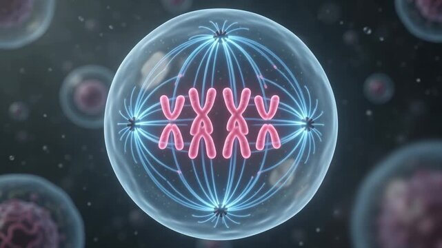 A detailed 3D scientific visualization of cell division in the metaphase stage, showing glowing pink chromosomes aligned along the spindle fibers inside a spherical cell structure. Ideal for medical e