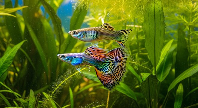 Male fancy guppy Poecilia reticulata displaying vibrant multicolored tail fins while swimming next to a female guppy in a heavily planted freshwater aquarium tank.
