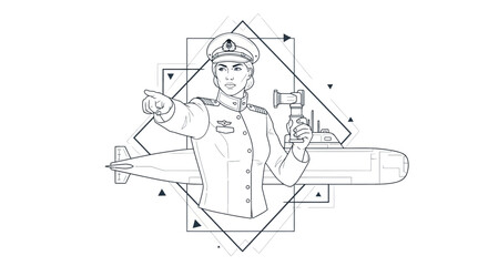Fototapeta premium Female Naval Officer Directing Submarine with Binoculars, Geometric Design