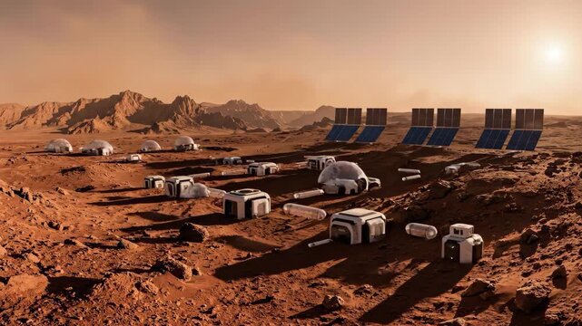 A sci-fi 2D vector animation showing a barren, red Mars desert landscape transitioning into a futuristic human colony and space research base. Perfect for aerospace technology, space exploration, and 