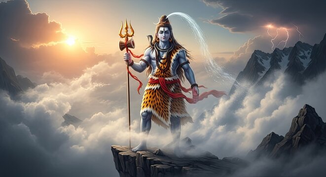 Lord Shiva Standing on Mount Kailash with Trishul and Serpent.