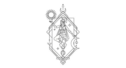 Obraz premium Esoteric Symbol with Celestial Woman, Sun, Moon, Stars, Geometric Frame