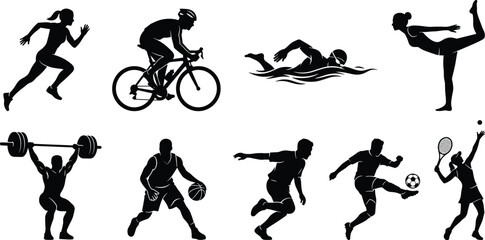 Obraz premium Athletes and Sports Silhouettes Vector Icon Set Featuring Running Cycling Swimming Weightlifting and Team Sports