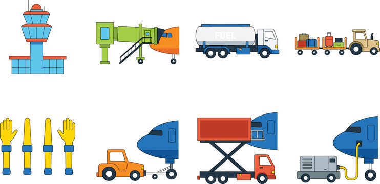 Illustrated airport ground handling icons featuring control tower, boarding bridge, fuel truck, baggage cart, and pushback tractor