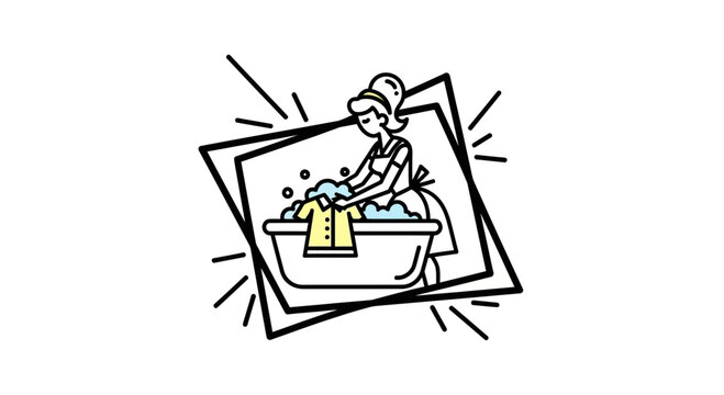 Woman Washing Clothes by Hand in Bathtub, Retro Style Illustration