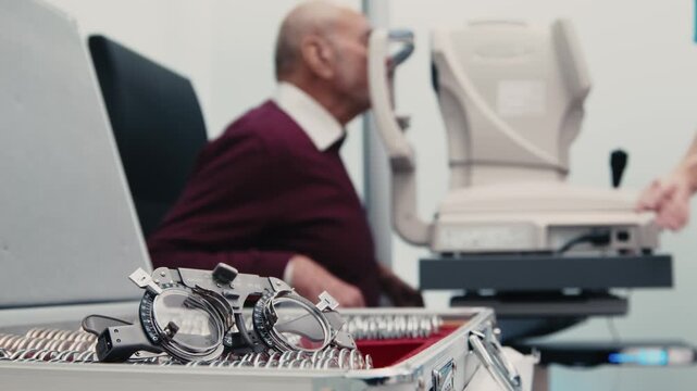 Elderly male patient in a medical office prepares for eye examination with testing glasses on a tray, optometry equipment visible in the background